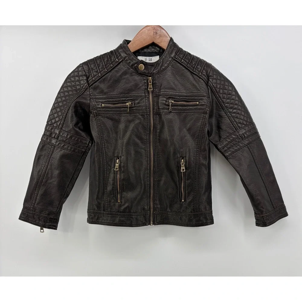 LIKA RULLA Girls 7/8 Faux Leather Moto Jacket Brown Quilted Biker